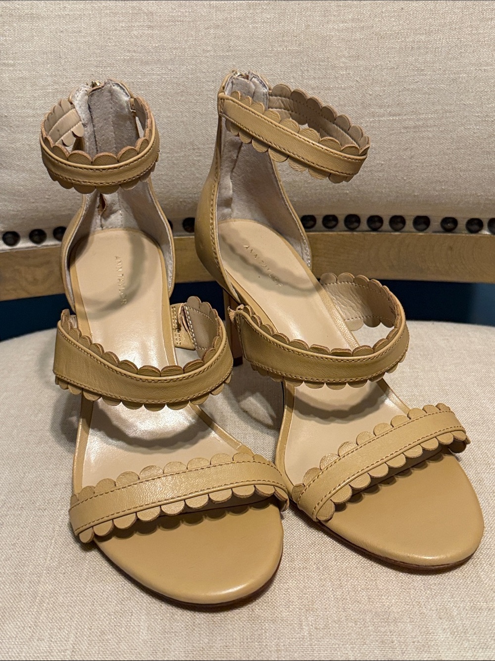 Ann Taylor Tan Scalloped Leather Strappy Heels, Size 8